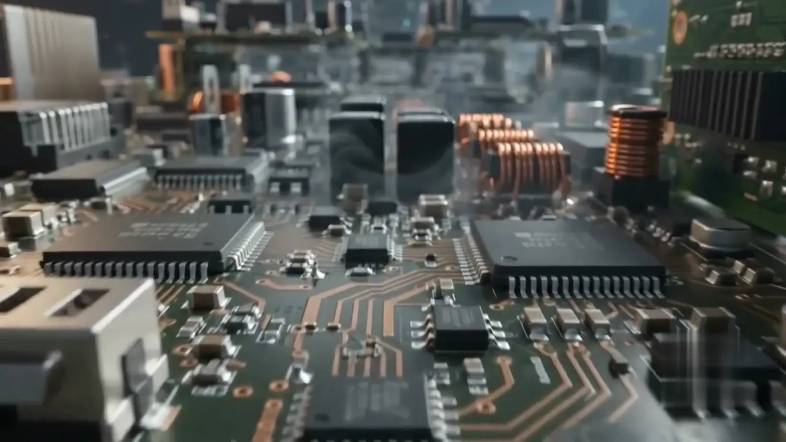 Photoreal flythrough of a circuit board, its components lit like a city at night